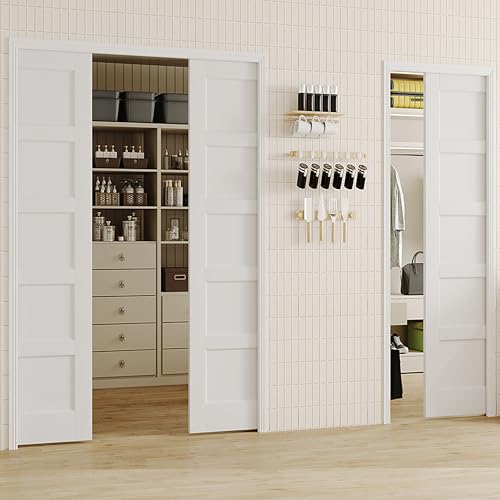 Image of Sliding Pocket Door, 64 inch(2 x 32) x 80 inch, 5-Panel Core with Frame and Hardware Kit Set, Interior Doors for Pocket Door, White Primed - No Panel Assembly Required