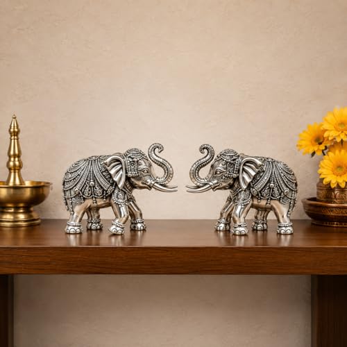 Image of KYAT Pure 999 Fine Silver Kamdhenu Cow with Calf Idol Elephant Pair (Elephant Pair - 2'')