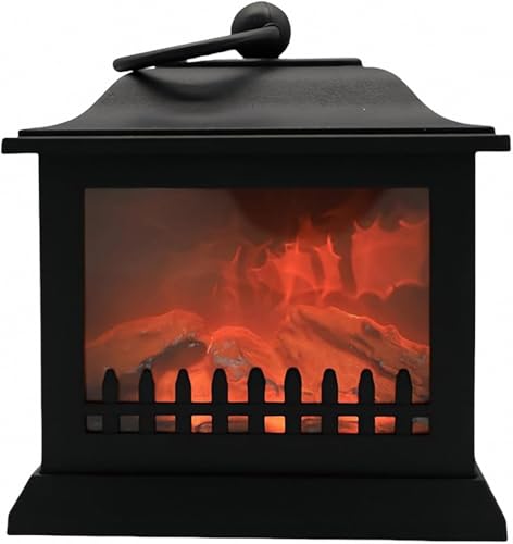Image of Small Cozy Fireplace Lantern Traditional Realistic Log Wood Burning Flame Effect Ligh LED Charcoal Style Table LampFor Indoor & Outdoor Use