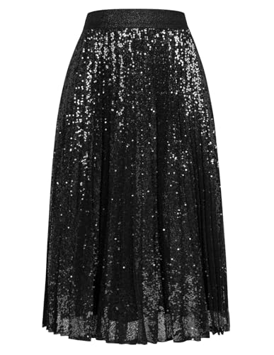 Rock Damen Sommer Elastische Taille Midi Faltenrock Schwarz Damen Festlich...