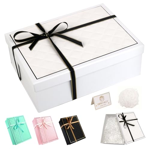 White Gift Box with Lids Large Gift Boxes for Presents Textured, Foldable Present Container with Card, Shredded Paper, Ribbon 25x18x8.8cm Empty Boxes for Valentine's Day Birthdays, Weddings