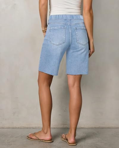 Women's Raw Hem Denim Bermuda Shorts Mid Rise Long Jorts Baggy Pull On Strechy Jeans Shorts with Elastic Waist — view 3