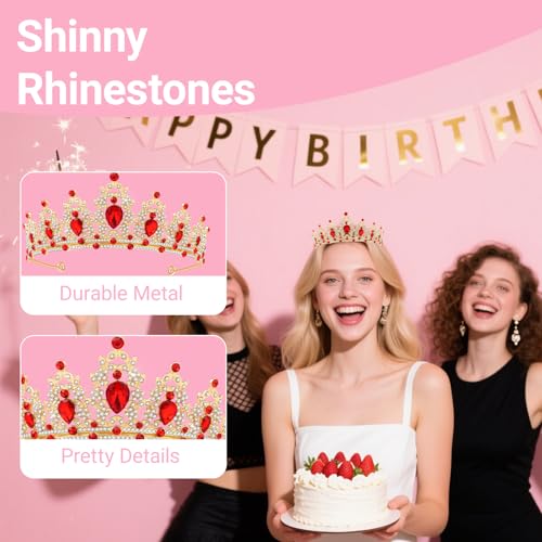 Tiara Crown for Women, Headband Hair Accessories for Birthday Wedding Party Costume Red Gold