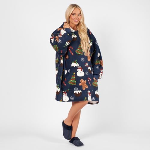 OHS Christmas Hoodie Navy Blue, Festive Blanket Hoodie Sherpa Fleece Hoodie Blanket Warm Snuggle Hoodie for Women Comfy Soft Fluffy Wearable Blanket
