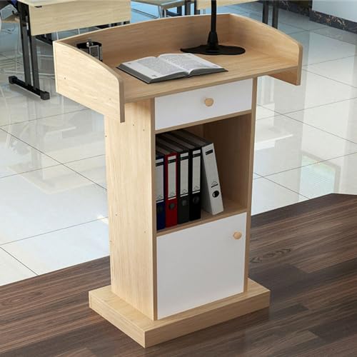 Atril de roble oscuro con cajón multiusos para presentaciones y conferencias 2