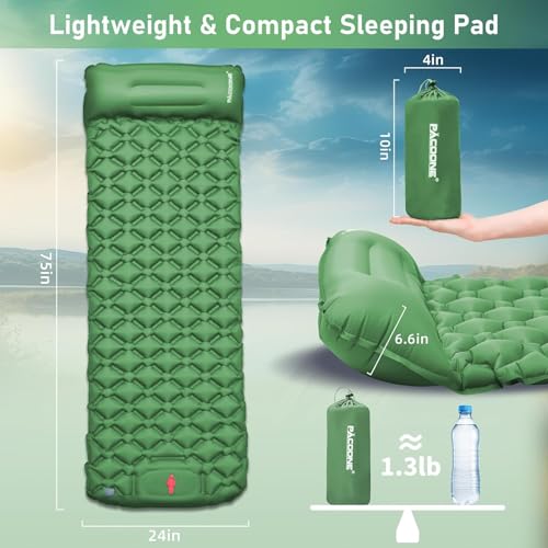 Camping-Sleeping-Pad-with-Compass-Ultralight-Inflatable-Sleeping-Mat-with-Pillow-Built-in-Foot-Pump-Portable-Camping-Air-Mattress-for-Backpacking-Hiking-Traveling-TentGreen