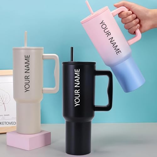 Image of Personalised with Your Name, 1200ml Tumbler with Straw-Handle-Stainless Steel Double Wall Insulated Cup | Leakproof Sipper Mug for Hot-Cold Drinks |Coffee - WaterTumbler(Pink Blue Custom)