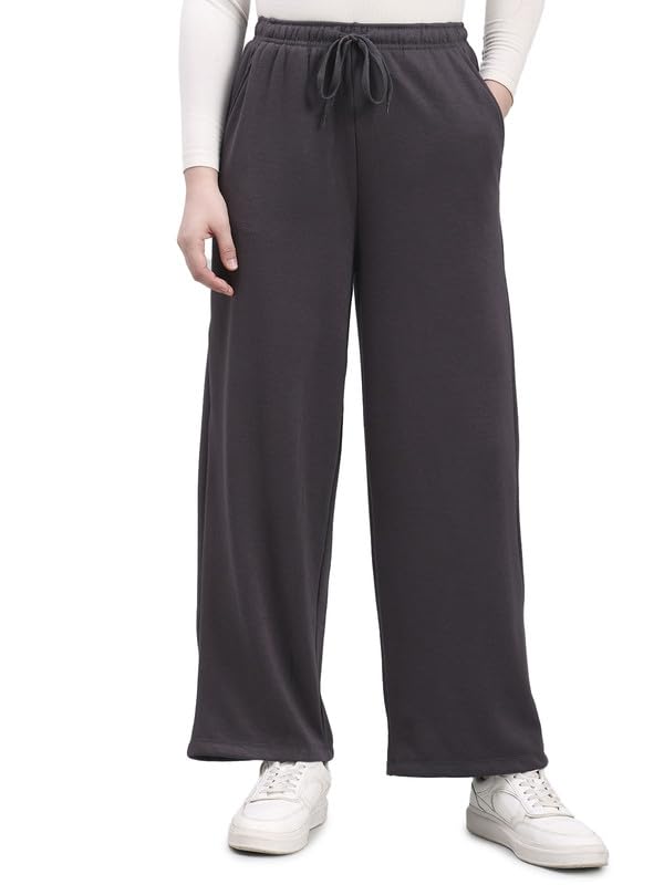 Image of GO COLORS Polycotton Fleece Wide Pants for Women | Relaxed Fit, High Rise