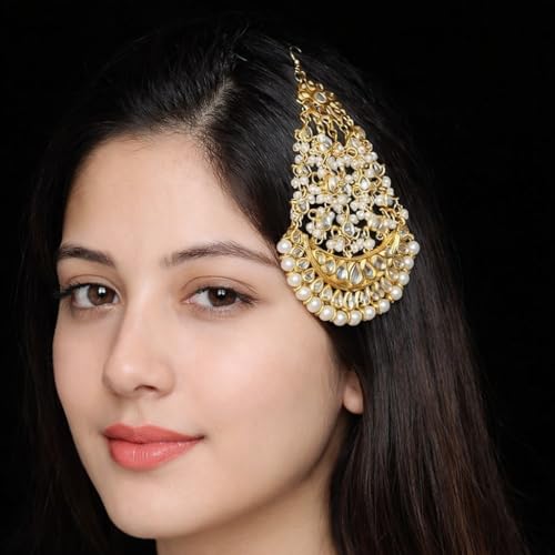 Image of Kundan Gold Non-Precious Metal Jhumar Passa /Jhoomar Maang Tikka /Brooch Hair Chain for Women and Girls