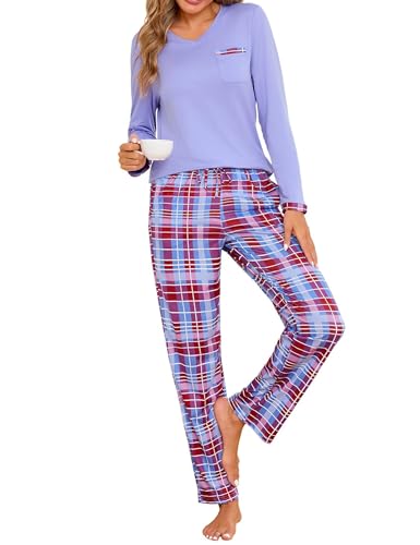 Jahetuul Pyjama Damen Baumwolle V-Ausschnitt Schlafanzüge Winter Zweiteiler Pyjamahose lang Hausanzug langärmeliges Oberteil Lange Hose Karomuster