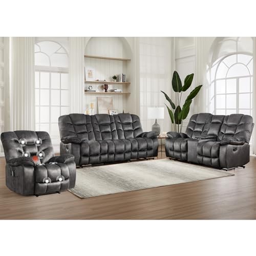 Image of HAOMARKETS 3 Pieces Recliner Sofa Furniture Set, Power Recliner Chair with Message& Heat, Manual Loveseat with Hidden Storage and Cup Holders,3-Seat Reclining Couch for Living Room,Grey