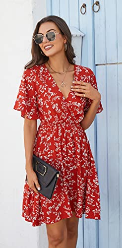 Image of Kormei Women's Boho Floral Print Flared Short Sleeve A Line Swing Flared Skater Summer Dress S Red Floral