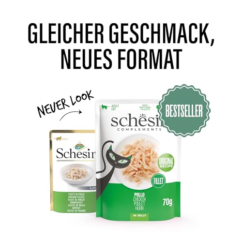 Schesir, Hühnerfilets in Gelee, ergänzendes Nassfutter für Katzen, Originalrezept, 100% natürlich, 12 Beutel à 70 g