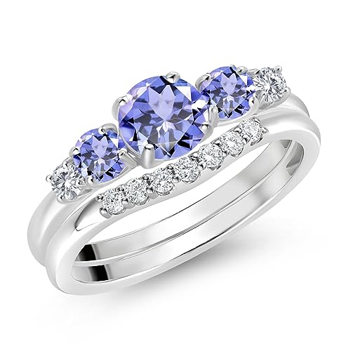 Gem Stone King 10K White Gold Blue Tanzanite and White Lab Grown Diamond 5 Stone Bridal Engagement Wedding Ring Set For Women (0.87 Cttw, Round: 5MM and 3MM, Available in Size 5,6,7,8,9)2