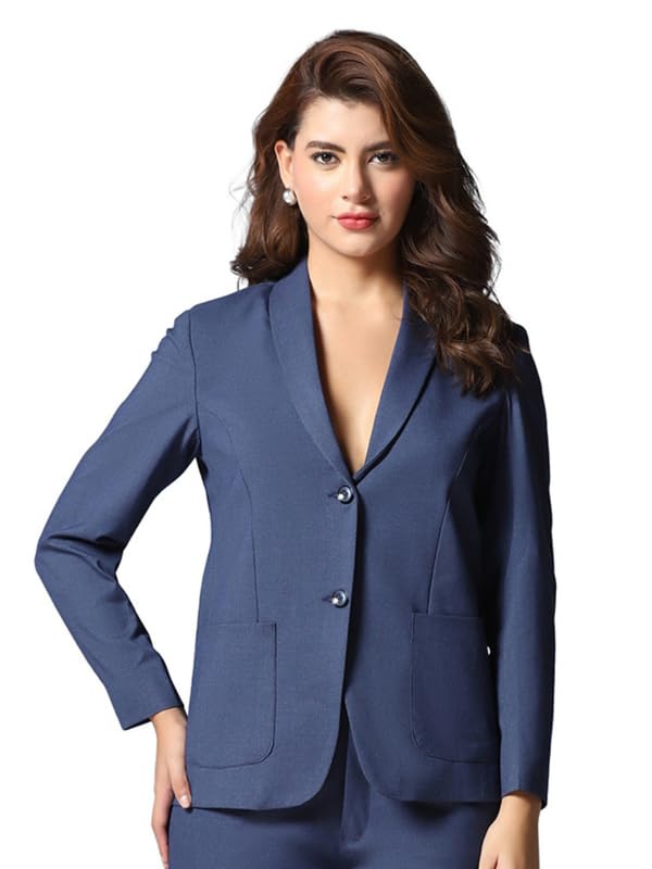 tahvo Blue Shawl Collar Women's Blazer - Regular Fit Polyviscose - Formal/Casual Blazers for Women - Stylish Single Breasted with 2 Pockets - Full Sleeve - Ideal for Business Meetings - Solid Pattern-picture-17