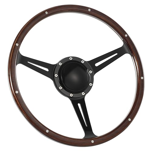 15'' Classic 9 Bolt Riveted Wood Steering Wheel w/Horn Button | Laminated, Mahogany Wood, CNC Billet Aluminum, 2'' Dish,