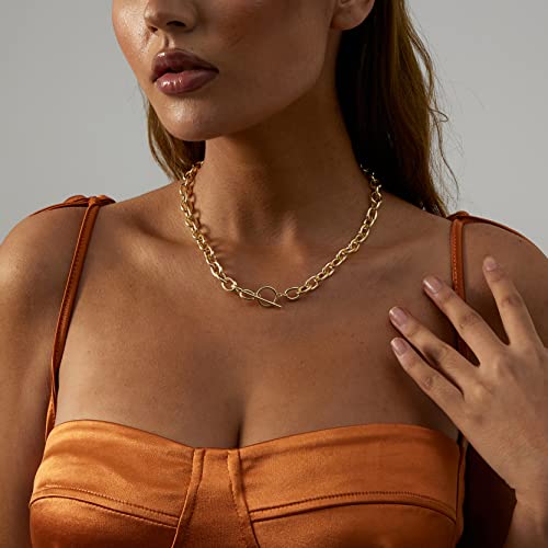VIROMY Chunky Gold Toggle Necklace 18K Gold Plated Pearl Vintage Paper Clip Link Chain Shining Twisted Rope Cuban Choker Toggle Bar Clasp Necklaces for Women2