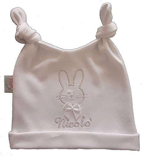 Zigozago - Zigozago - Chapeau de bébé avec 2 nœuds et une broderie en argent d'un lapin. Il peut être personnalisé par son nom
