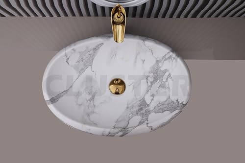 Image of CLUSTER Designer Glossy Ceramic Table Top Wash Basin For Bathroom | Countertop Bathroom Sink For Livingroom, Resturant Decor, Oval Shape (24 x 16 x 6 inch)