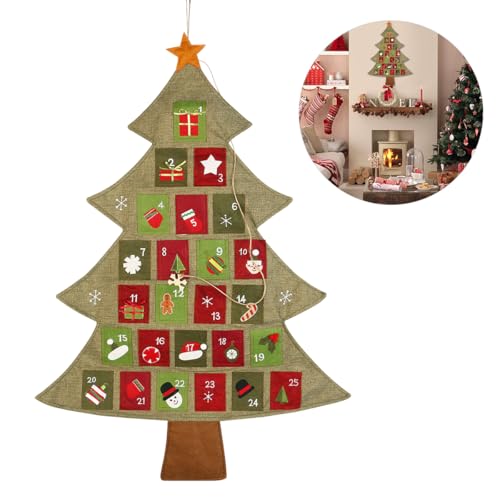 BESPORTBLE 2025 New Hanging Christmas Advent Calendar, Linen Fabric Wall Decoration with 25 Pockets, 35. 03 X 25. 19 Inch, Countdown to Christmas Tree Holiday Decor