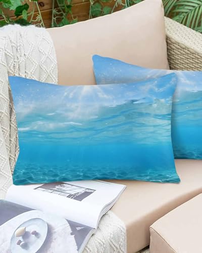 Boanket Lumbar Pillow Covers 12 x 20 in, Blue Teal Summer Beach Waterproof Throw Pillow Cover Set of 2, Coastal Nautical Seawater Ocean Home Decorative Rectangle Cushion Covers for Patio/Couch/Garden