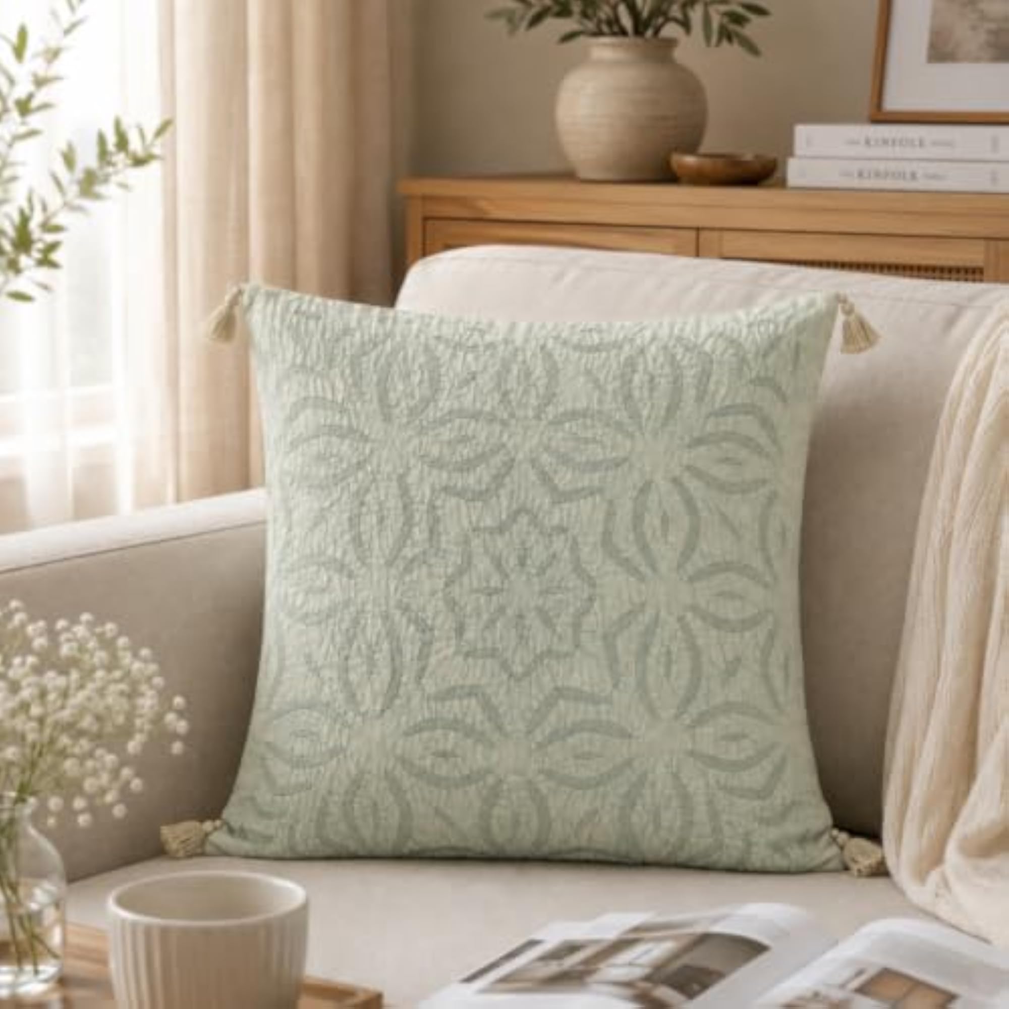 Ethnic Applique Cutwork Cushion Cover, Sage Green