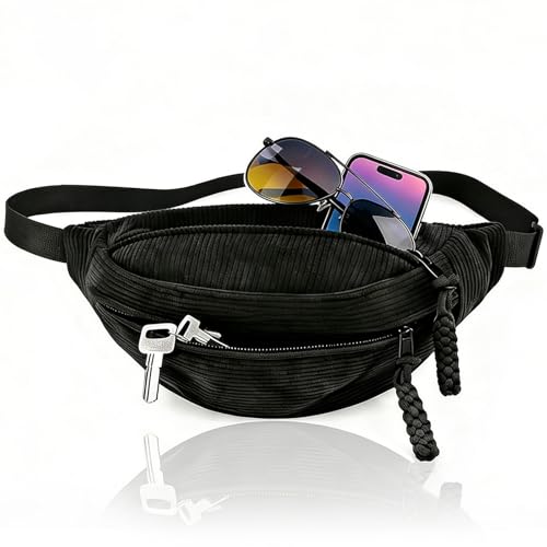 XRXYMQ Bauchtasche Damen Cord Schwarz Gürteltasche Damen DREI Abteile Umhängetasche Cord Bauchtasche Ausreichende Kapazität für Alltag Reisen Oder Sport Laufen Schule