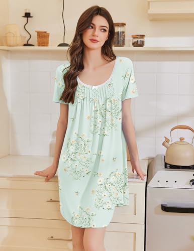 Image of Ekouaer Nightgowns for Women Pleated Sleep Shirts Short Sleeve Night Shirts Lace Trim Night Gown Ladies Sleep Dress