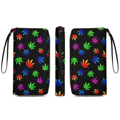 Women's Blocking Leather Large Capacity Zip Wallet Credit Card Holder Purse Wristlet Travel Long Purse (Tie Dye Weedleaf Leaves)3