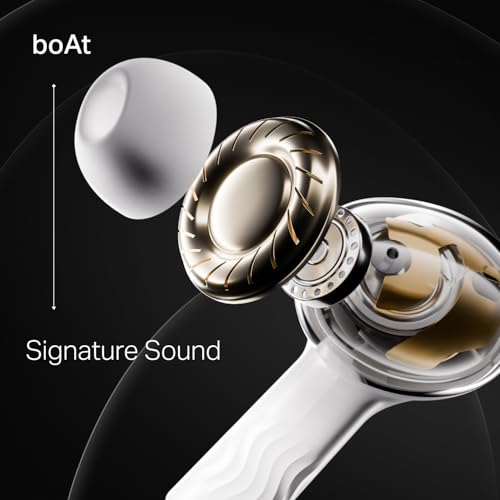 boAt New Launch Nirvana Crystl, Transparent Case,Spatial Audio, ANC(~32dB), 100Hrs Battery,4Mics ENx, Dual Pair,App Support, Bluetooth Earbuds, TWS Ear Buds Wireless Earphones with mic (White Lustre)