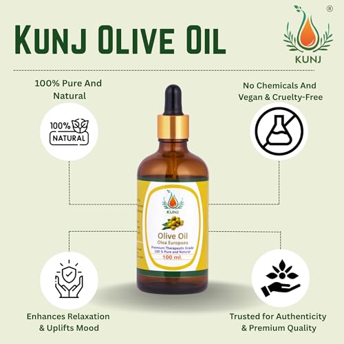 Image of KUNJ Olive Oil (Olea europaea) 100ML - 100% Pure & Natural, Cold Pressed, Undiluted - Therapeutic Grade Carrier Oil for Skin Care, Hair Nourishment, Massage & Hydration