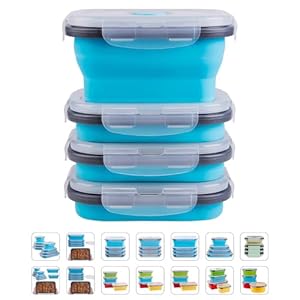 Collapsible Food Storage Containers with Lids & Vent, 11.8 oz, Kitchen Stacking Silicone Collapsible Meal Prep Container Set for Leftover, Microwave Freezer Dishwasher Safe, Blue Small 4 Pack