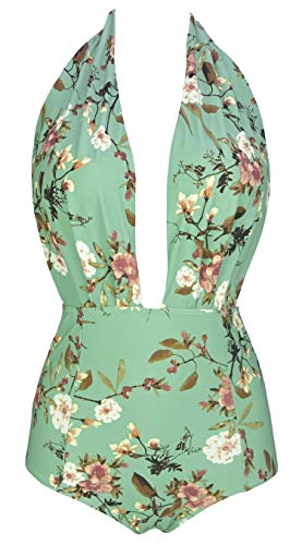 COCOSHIP Ocean Wave Cream Brown Prunus Mume Floral Retro One Piece Backless Bather Swimsuit High Waist Swimwear Beachwear M(US6)