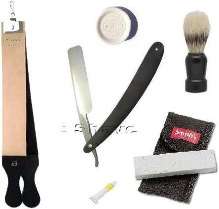 Black Straight Razor Double Strop Paste Stone Shaving Set 6 Pcs