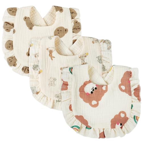 Vicloon Bavoirs Bébé, Lot de 3 Bavoirs Nouveau-Né Soft et Absorption, Bavoir Bébé 100% Coton avec Boutons-Pression Réglables, Bavoir Bandana pour Bébés, Tout-Petits et Garçon Fille - avec Motif