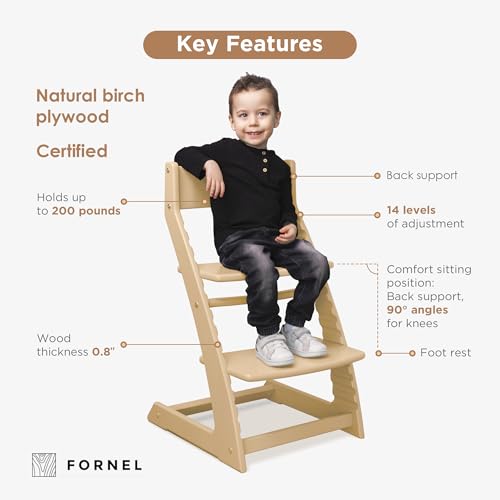 Image of FORNEL Scandinavian Wooden High Chair for Toddlers & Kids | Adjustable Grow-with-Me Montessori Seat for Dining Table | Natural Wood Finish Convertible Highchair