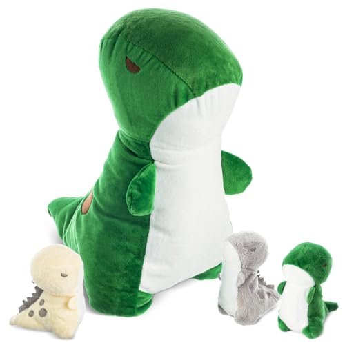 PixieCrush Dinosaur Stuffed Animals - T-Rex Mommy with 3 Babies in Her Tummy - Cuddly Dino Plushies for Imaginative Play - Plush Toys Suitable for Kids 3 Years Old and Above - 10" x 8.5" x 11"