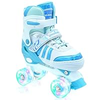SMOOJOY Roller Skates for Girls Kids Boys,4 Size Adjustable Indoor Outdoor Blue Quad Rollerskates with Light up Wheels for Beginners Ages 6-12