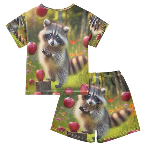 Pajama Sets Short Sleeve Raccoon and Red Fruit Soft Cotton Summer Sleepwear 2 Piece PJS Size 5-14T2