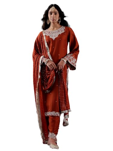 Image of Women's Embroidered Silk Blend Kurta & Trousers With Dupatta | Ethnic Kurta Sets for Women | Straight Kurta Sets & Trousers With Dupatta