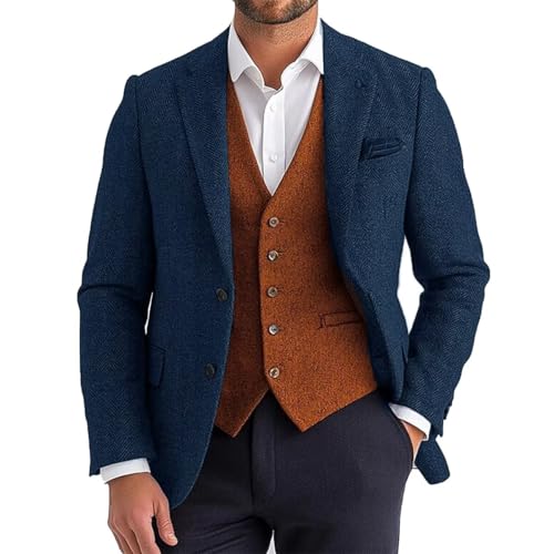Men's Blazer Vintage Herringbone Tweed Suit Coats Two Buttons Wool Blend Sport Jacket with Pocket