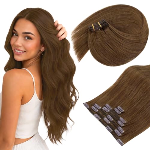 Image of Sunny Hair Clip in Hair Extensions Real Human Hair Natural Light Brown | 28 Inch 165g Remy Human Hair Extensions Clip ins for Women Extra Long Hair with Fuller Volume for Special Occasions