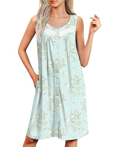 Image of Ekouaer Nightgowns for Women Button Up Sleepshirt Tank Sleeveless Nightshirt Soft Sleepwear with Pockets S-XXXL