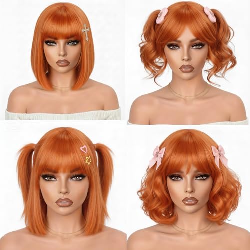 Image of Farblick Ginger Bob Wig Human Hair With Bangs Wear and go Glueless Wig Human Hair 12inch Straight Wig 180% Density Ginger wig with bangs for Women