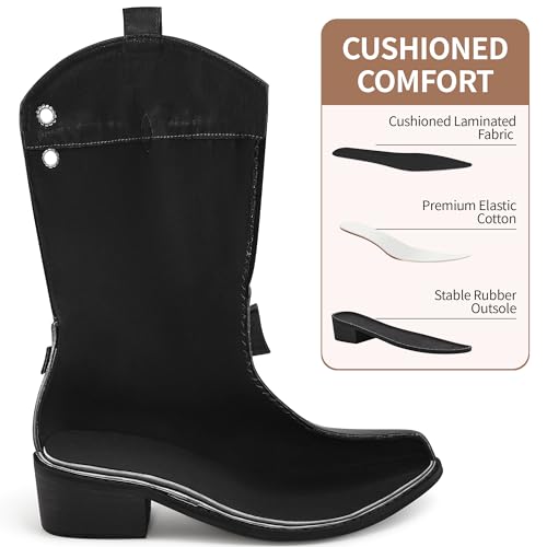 Image of Aomigoct Western Cowboy Boots for Women: Leather Mid Calf Fashion Chunky Cowgirl Boot Pointed Toe
