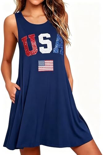 Image of Roshop Womens Juneteenth Flag Sleeveless Dress 4th of July Patriotic Swing Sundress with Pockets