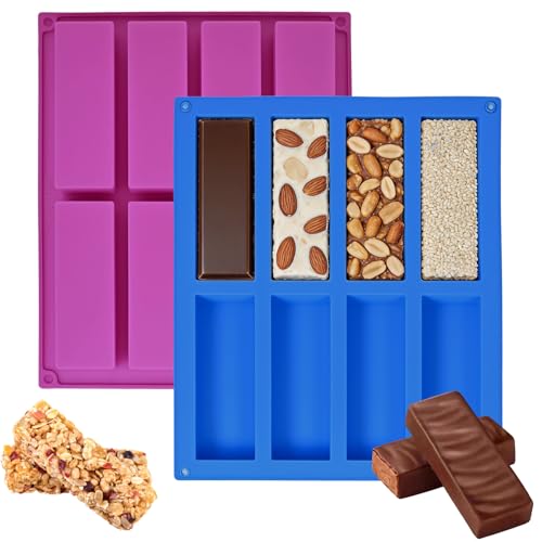 Aurinovellia 2 Stück Müsliriegel Backform Silikon SilikonFormen 8 Mulden Antihaft Rechteckige Silikonform Riegel für Energieriegel Schokolade Brownies und Kuchen (Blau+Lila)