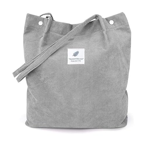 Bolsa feminina de veludo cotelê, bolsa de ombro de grande capacidade com bolso interno para viagens, trabalho, compras, bolsas de lona, Cinza, Large