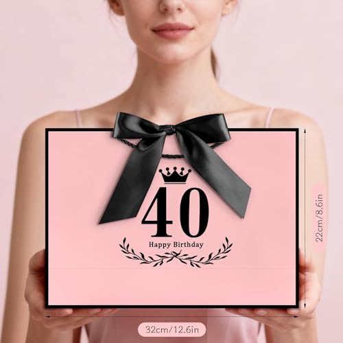 Image of JMANNI 40th Birthday Gift Bag, Pink with Black Satin Bow & Crown Design, Medium Happy 40th Birthday Present Bag for Party Favors, Size 12.60 inchx8.66 inchx4.33 inch