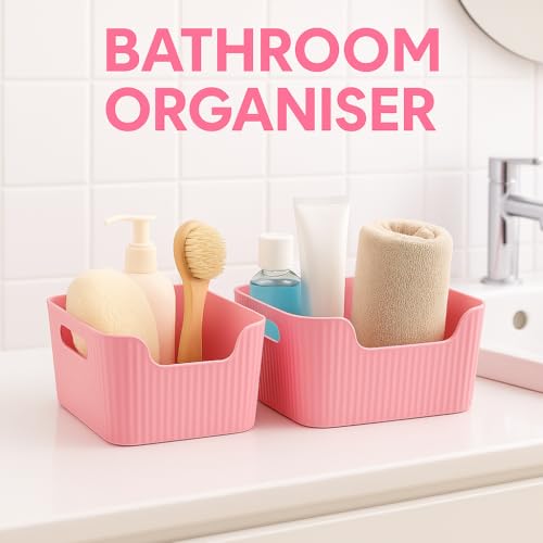 Image of Plastic Storage Box with Lid - Large Stackable Organizer Storage Box for Clothes, Toys, Kitchen - Big Size Plastic Storage Container Basket for Home, Office, Bathroom(Smal,Pack of 8,Pink)